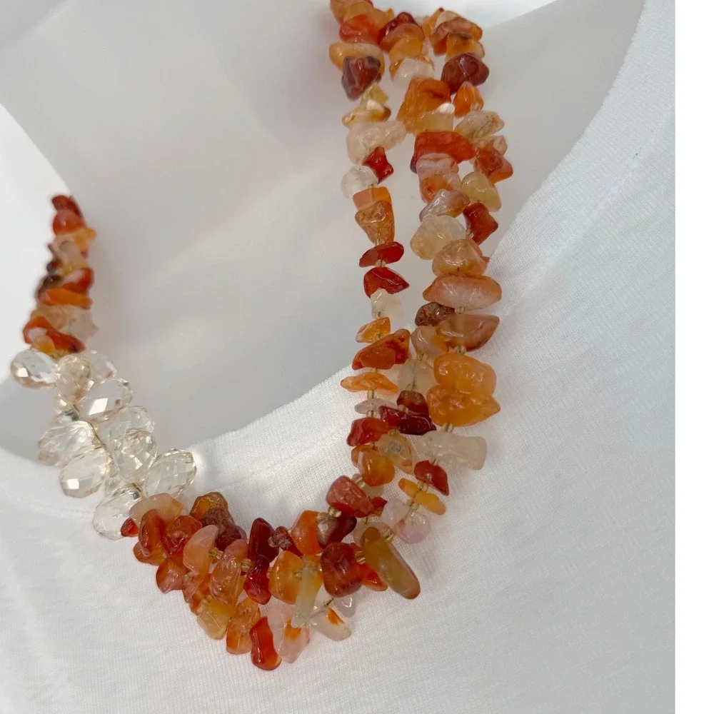 LOFT Orange Stone Chip Multi Strand Necklace Amber Clear Bead Accent Chic 103-63